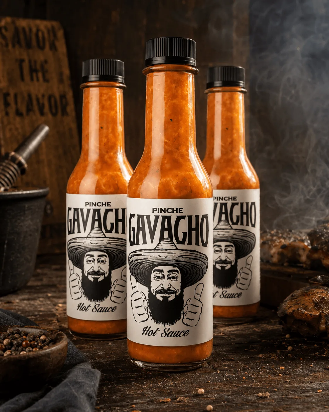 Three Pinche Gavacho hot sauce bottles by the grill