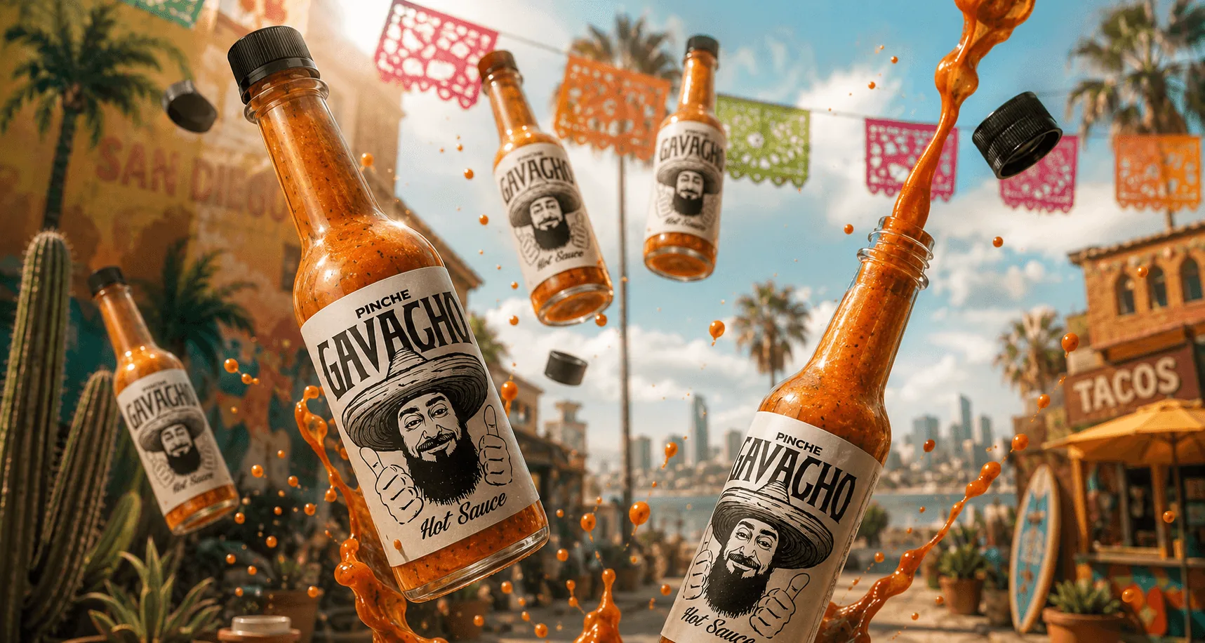 Pinche Gavacho hot sauce bottles flying above a colorful San Diego street