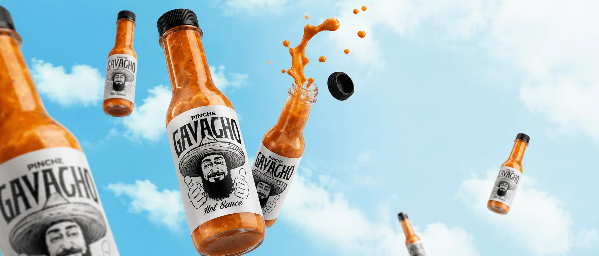Pinche Gavacho hot sauce bottles floating in a blue sky