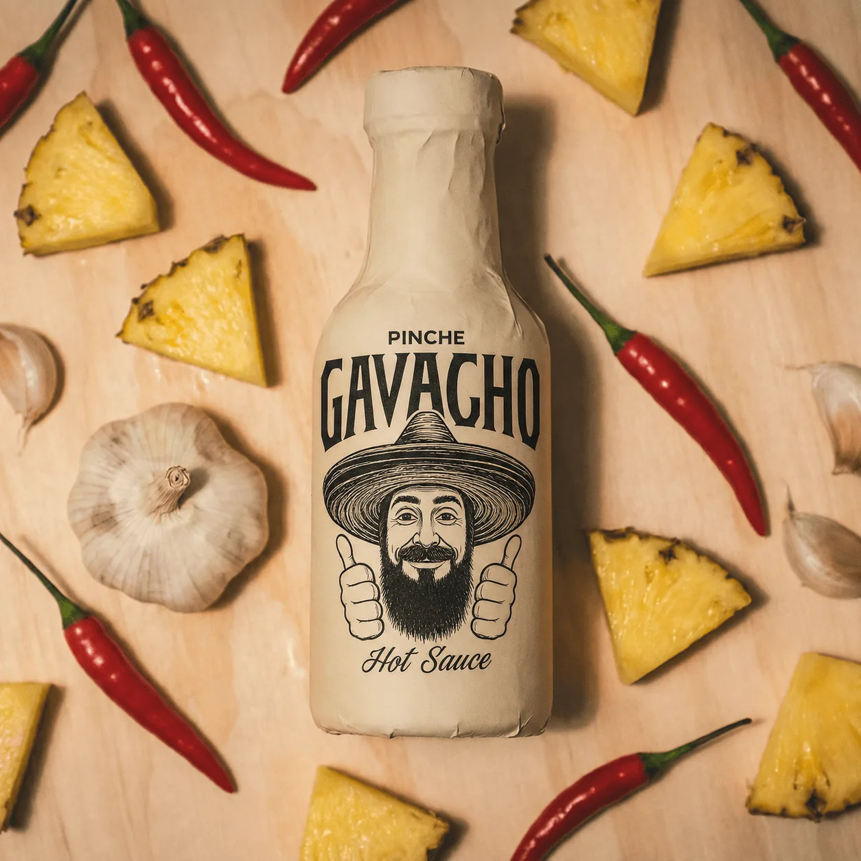 Pinche Gavacho hot sauce wrapped in paper with pineapple, garlic, and red chiles